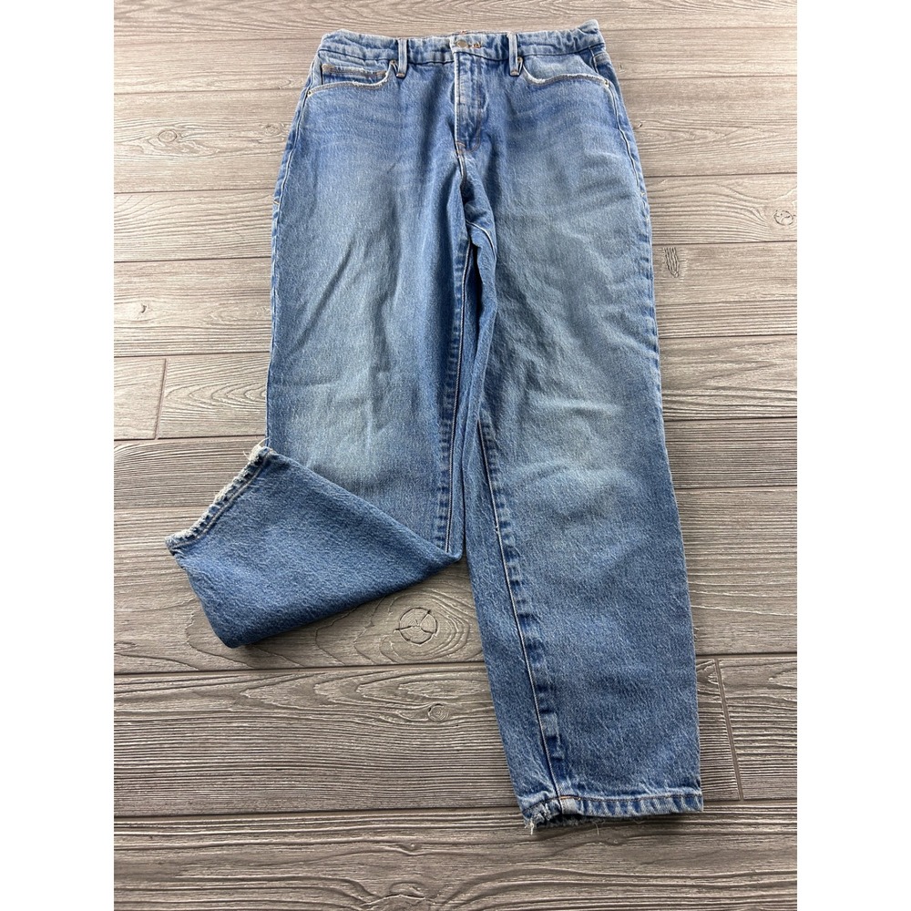 Good American High Rise Straight Leg Jeans Blue Distressed Raw Hem Size 4/27